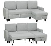 HOMCOM Divano Letto 3 Posti con Chaise Longue Convertibile Grigio Chiaro | Divano Angolare con Vano Portaoggetti, Cuscini Sfoderabili in Tessuto Effetto Lino, 197x129x85 cm