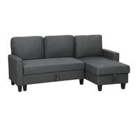 HOMCOM Divano Letto 3 Posti con Chaise Longue Convertibile Grigio Scuro | Divano Angolare con Vano Portaoggetti, Cuscini Sfoderabili in Tessuto Effetto Lino, 197x129x85 cm