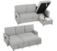 HOMCOM Divano Letto 3 Posti Estraibile con Chaise Longue Convertibile | Divano Angolare con Vano Portaoggetti, 3 Cuscini Sfoderabili, Tessuto Effetto Lino, 201x132x88cm, Tasche, Soggiorno, Grigio