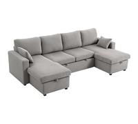 HOMCOM Divano Letto con Letto Estraibile Imbottito, Divano Angolare Convertibile 4 Posti a Forma di U con 2 Chaise Longue, Vani Contenitore e 2 Cuscini, in Velluto a Coste, 282x140x86 cm, Grigio