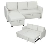 HOMCOM Divano Letto Effetto Lino con Chaise Longue Portaoggetti Bianco Crema