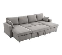 HOMCOM Divano Letto con Letto Estraibile Imbottito, Divano Angolare Convertibile 4 Posti a Forma di U con 2 Chaise Longue, Vani Contenitore e 2 Cuscini, in Velluto a Coste, 282x140x86 cm, Grigio