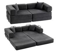 HOMCOM Divano letto pieghevole a 2 posti, divano letto, rivestito in ciniglia, con 2 cuscini, braccioli larghi, imbottitura spessa, non richiede montaggio, per camera da letto, soggiorno, grigio scuro