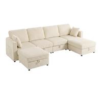 HOMCOM Divano Modulare a U 4 Posti Reversibile in Velluto a Coste, Crema | Divano Angolare con 2 Pouf Contenitori, Vano Sotto Seduta, Seduta Ampia Imbottita, 4 Cuscini, Tasche, 306x153x85cm