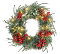 HOMCOM Ghirlanda Natalizia da 60 cm con Luci LED Bianche, Corona di Natale con Timer, 170 Rami, Pigne, Bacche e Agrifoglio, Decorazione Natalizia per Porta e Finestra, Verde