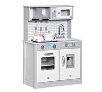 HOMCOM Giocattolo in legno per bambini da cucina fingere di giocare a giocare con effetto sonoro e luce, piano di cottura a batteria, macchina per il ghiaccio, piano di lavoro in marmo, per 3-6 anni