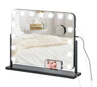 HOMCOM Hollywood Specchio con illuminazione, specchio da trucco con 14 luci LED, 3 colori chiari, specchio cosmetico con ingrandimento 10X, porta di ricarica USB, supporto per cellulare e interruttore