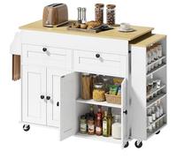 HOMCOM Isola Centrale Cucina con Vassoio Espansibile, Carrello da Cucina su Ruote con 2 Cassetti, 4 Ante, Porta Asciugamani e Porta Spezie, Stile Rustico, 127,2-189,2 x 50 x 87,8 cm, Bianco