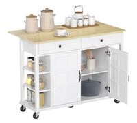 Homcom Isola da cucina con ruote, piano di lavoro pieghevole, carrello da cucina con 2 ante con chiusura ammortizzata, 2 cassetti, 6 ripiani aperti, bianco