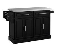 HOMCOM Isola di Cucina con Ruote Carrello da Cucina con Piano in Acciaio Inox 2 Cassetti 4 Porte 2 Ripiani Regolabili Portaspezie e Portasciugamani 145x45x93 cm Nero