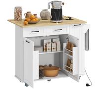 HOMCOM Isola di cucina con ruote, carrello da cucina con presa di corrente USB tavolo pieghevole 2 cassetti 2 ante mensola regolabile portaspezie e portasciugamani 119,5 x 74 x 94,5 cm bianco