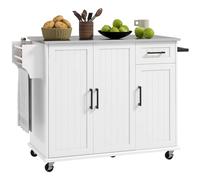 HOMCOM Isola per Cucina con Cassetto, Armadietto a 2 Ante, 2 Ripiani Aperti e Portasciugamani, Mobile Contenitore in MDF e Acciaio Inox con 5 Rotelle, 128x45.5x91.5 cm