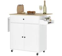 HOMCOM Isola per Cucina con Tavolo a ribalta, Cassetto, Armadietto a 2 Ante, Portaspezie e Portasciugamani, Mobile da Cucina con Ripiano Regolabile e Ruote a Freno, 106x42x87 cm, Bianco