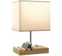 HOMCOM lampada da tavolo con presa E27, porte di ricarica USB C e 3 portacellulari, lampada da comodino con base in legno massiccio e paralume in tessuto per camera da letto e soggiorno, lampadina