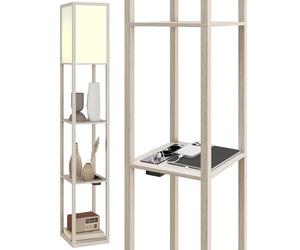HOMCOM Lampada da Terra LED con Ripiani, Lampada Moderna con Interruttore a Pedale e Porte USB, Temperatura della Luce Regolabile per Soggiorno e Camera da Letto, Bianco e Rovere