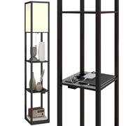 HOMCOM Lampada da Terra LED con Ripiani, Luce Regolabile e USB, Bianco e Rovere [EEK: F]