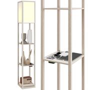 HOMCOM Lampada da Terra LED con Ripiani, Luce Regolabile e USB, Bianco e Rovere [EEK: F]