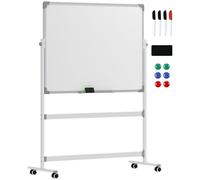 HOMCOM Lavagna Magnetica Bianca a 2 Facce 120x90cm, Lavagna Cancellabile a Secco Girevole a 360° 3 Livelli Regolabile con Supporto, Ruote, Cancellino, Pennarelli, Magneti, Vassioio per Ufficio Scuola