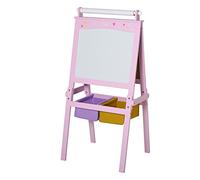 HOMCOM Lavagnetta per Bambini in Legno Rosa con Cavalletto 3 in 1: Lavagna Bianca, Nera e con Rullo Fogli di Carta
