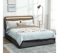 HOMCOM Letto matrimoniale 140 x 190 cm con illuminazione a LED, testata regolabile, rete matrimoniale imbottita in pile Teddy, rete a doghe in legno, contenitore nascosto e telecomando, senza rumore,