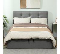 HOMCOM Letto matrimoniale 140 x 190 cm, rete matrimoniale imbottita con doghe in legno e contenitore nascosto, testata imbottita in tessuto effetto lino, supporto fino a 500 kg, senza materasso,