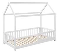 HOMCOM Letto Montessori per bambini a Casetta, 90x190 cm Letto per Bambini a Forma di Casa con 15 Doghe, Struttura in Legno di Pino e Barriere di Protezione per Cameretta, Bianco