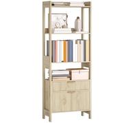 HOMCOM Libreria alta, mobile contenitore con 4 ripiani aperti e 2 cassetti scanalati, maniglie dorate, stile moderno, per soggiorno, studio, camera da letto, 60 x 30 x 160 cm, legno naturale