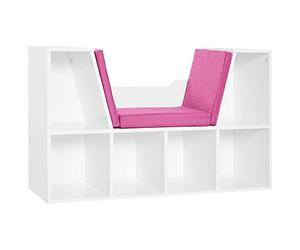 HOMCOM Libreria con seduta, scaffale per libri con 6 cubi, libreria con panca con cuscino, multiuso per soggiorno, ufficio, camera da letto, 102 x 30 x 61 cm, bianco e rosa