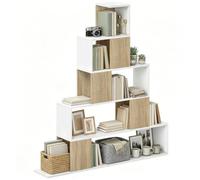 HOMCOM Libreria Cubo Scaffale 5 Ripiani Design a Gradini Bianco e Naturale | Libreria Geometrica, per Soggiorno, per Studio, per Camera da Letto