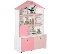 HOMCOM Libreria in legno per bambini, con 4 scomparti, 1 anta e 2 cassetti estraibili con ruote, per libri giocattoli, 80 x 34 x 130 cm, rosa e bianco