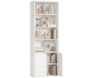 HOMCOM Libreria Moderna 4 Ripiani con Armadietto a 2 Ante in Legno, Mobile Multiuso per Soggiorno, Ufficio e Studio, 59x29x180cm, Bianco