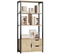 HOMCOM Libreria Stile Industriale 3 ripiani Armadio Porta 2 cassetti Pannelli Particelle Effetto Legno Naturale Acciaio Nero