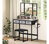 HOMCOM Make-up Vanity con specchio trittico staccabile, Vanity con sgabello, 3 cassetti in tessuto, ripiani, supporto per asciugacapelli, cestino in metallo, per camera da letto, spogliatoio, grigio