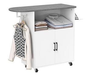 HOMCOM Mobile Asse da Stiro con Barra Appendiabiti, Portaferro da Stiro, Mobile da Stiro Multiuso con Ripiano Aperto, Ruote a Freno, Armadietto con Ripiano Regolabile, 125x43.5x102.5 cm, Bianco