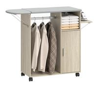 HOMCOM Mobile Asse da Stiro Pieghevole con Ruote a Freno e Portaferro da Stiro, Mobile da Stiro Multiuso con Barra Appendiabiti, Ripiani Regolabili, per Lavanderia, Bagno, 127x42.5x99 cm, Color Legno