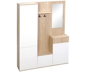HOMCOM Mobile Attaccapanni da Ingresso 4 in 1 con Specchio, Ganci e Ripiani Regolabili Interni, Mobile da Ingresso Multiuso in Legno con Cassetto, 145x29x184 cm, Legno Naturale e Bianco