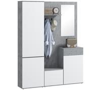 HOMCOM Mobile Attaccapanni da Ingresso 4 in 1 Grigio e Bianco | Specchio, Ganci e Ripiani Regolabili Interni, Mobile da Ingresso Multiuso in Legno con Cassetto, 145x29x184 cm