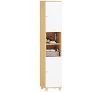 HOMCOM Mobile Bagno a Colonna con Ante, 2 Ripiani Aperti, 2 Armadietti, Mobiletto Bagno Salvaspazio con Ripiani Regolabili per Sala da Pranzo Salotto Soggiorno, 30x30x166 cm, Bianco e Legno