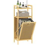 HOMCOM Mobile Bagno a Doghe con Cesto Portabiancheria Estraibile da 37L e Armadietto Contenitore, Mobiletto Bagno in Bambù e Poliestere, 40x30x95 cm, Grigio e Color Legno