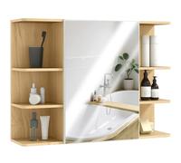 HOMCOM Mobile Bagno a Parete con Specchio e 6 Ripiani Aperti, Specchiera Bagno con Armadietto e 2 Ripiani Interni, 80x20x59 cm, Color Legno