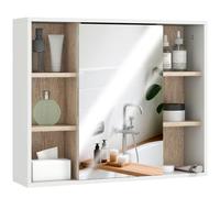 HOMCOM Mobile Bagno con Specchio, 60x14.5x49.4 cm Bianco e Color Legno | 3 Ripiani Laterali, Ripiano Regolabile Interno, Specchio Bagno Contenitore in Legno