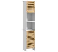HOMCOM Mobile bagno moderno Mobile bagno con ripiani regolabili e ante in bambù antiribaltamento 35x30x170 cm Bianco e naturale