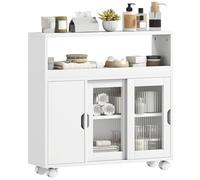 HOMCOM Mobile Bagno Stretto con Ruote e Ante Scorrevoli in Vetro Temperato, Mobiletto Bagno Salvaspazio con Ripiani Regolabili, per Sala da Pranzo, Salotto, Soggiorno, Cucina, 71x20x70 cm, Bianco