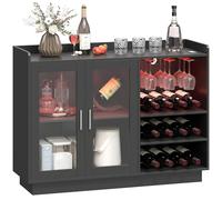 HOMCOM Mobile bar, armadio buffet per vini con luci LED RGB e portabottiglie per 12 bottiglie, credenza da cucina con ripiano regolabile e ante con chiusura ammortizzata, per sala da pranzo,