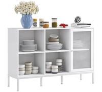 HOMCOM Mobile Buffet con 4 Ripiani Aperti Regolabili e Armadietto con Anta a Rete, Mobile Contenitore in Truciolato e Acciaio, 120x37x81.5 cm, Bianco