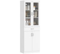 HOMCOM Credenza Cucina Alta 180cm, Mobile Dispensa con Ante in Vetro Soft-Close, Cassetto, 2 Armadietti, Ripiani Regolabili, Mobile Cucina Moderno per Sala da Pranzo Soggiorno, Bianco