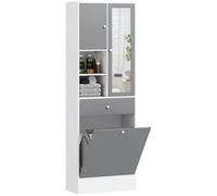 HOMCOM Mobile da bagno alto con cassapanca per biancheria e specchi, mobile portaoggetti con ante e 2 scomparti aperti, cassetto e ripiano regolabile, 62 x 28,3 x 181 cm, grigio e bianco