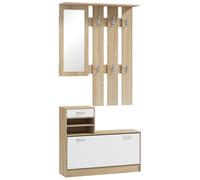HOMCOM Set Mobili Ingresso Moderno con Scarpiera e Specchio, Appendiabiti da Ingresso con 6 Ganci, 2 Ripiani Regolabili e Cassetti in Legno per Corridoio, 90x24x177 cm, Bianco e Quercia