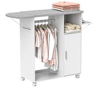 HOMCOM Mobile Asse da Stiro in Truciolato e Spugna con Piano d'Appoggio in Tessuto Effetto Lino, 3 Ripiani a Cubo e Guida per Appendere, 127x42.5x99 cm, Bianco