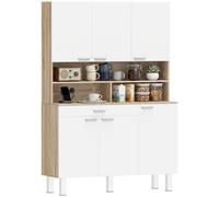 HOMCOM Credenza Cucina Alta, Mobile Dispensa con 6 Ante, Grande Cassetto, Ripiani, Ampio Piano d'Appoggio, Fori Passacavi, Mobile Cucina per Sala da Pranzo Soggiorno, 120x40x175cm, Bianco/Color Legno